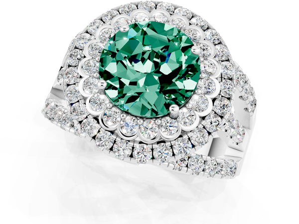 Platinum Round Cut Green Sapphire Double Halo Ring with Round Pavé Split Shank and Prong Setting