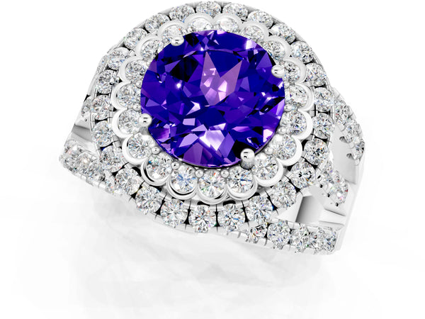 White gold Round Cut Tanzanite Double Halo Ring with Round Pavé Split Shank and Prong Setting