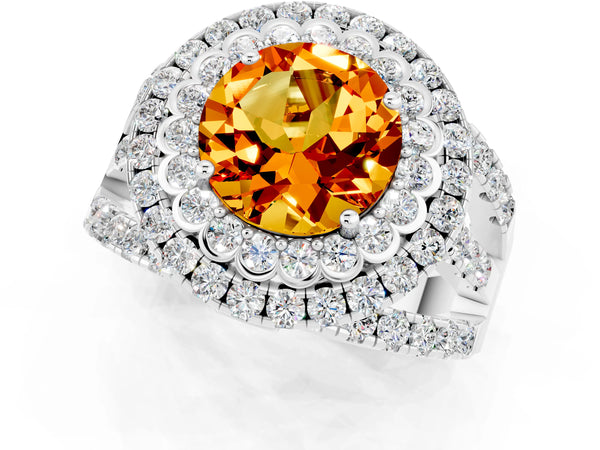 Platinum Round Cut Citrine Double Halo Ring with Round Pavé Split Shank and Prong Setting