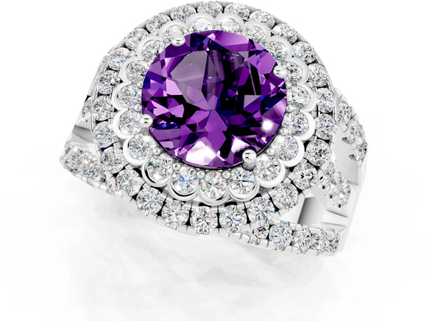 Silver Round Cut Amethyst Double Halo Ring with Round Pavé Split Shank and Prong Setting