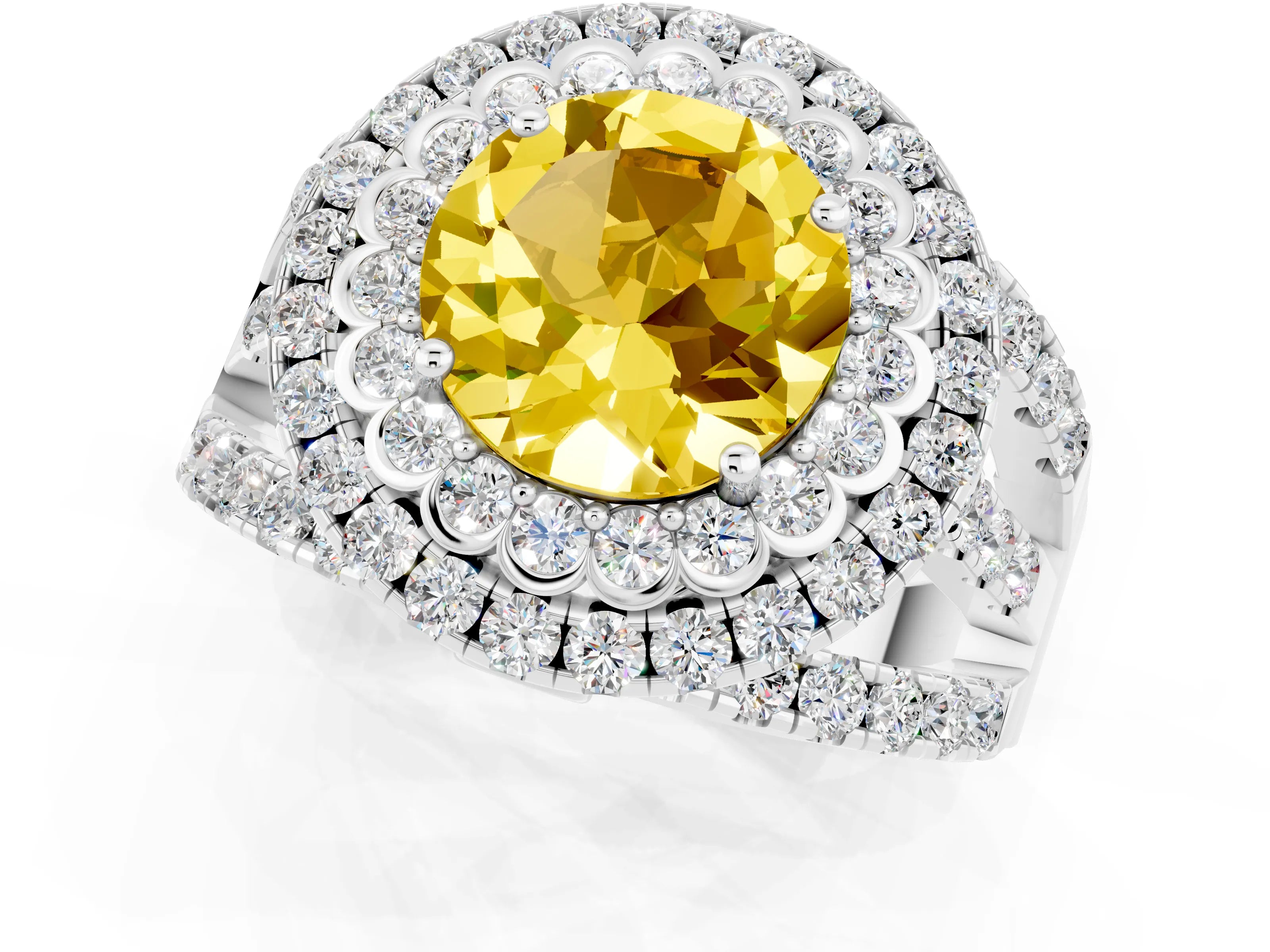 White gold Double Halo Round Cut Diamond Split Shank Pave Set Ring_1