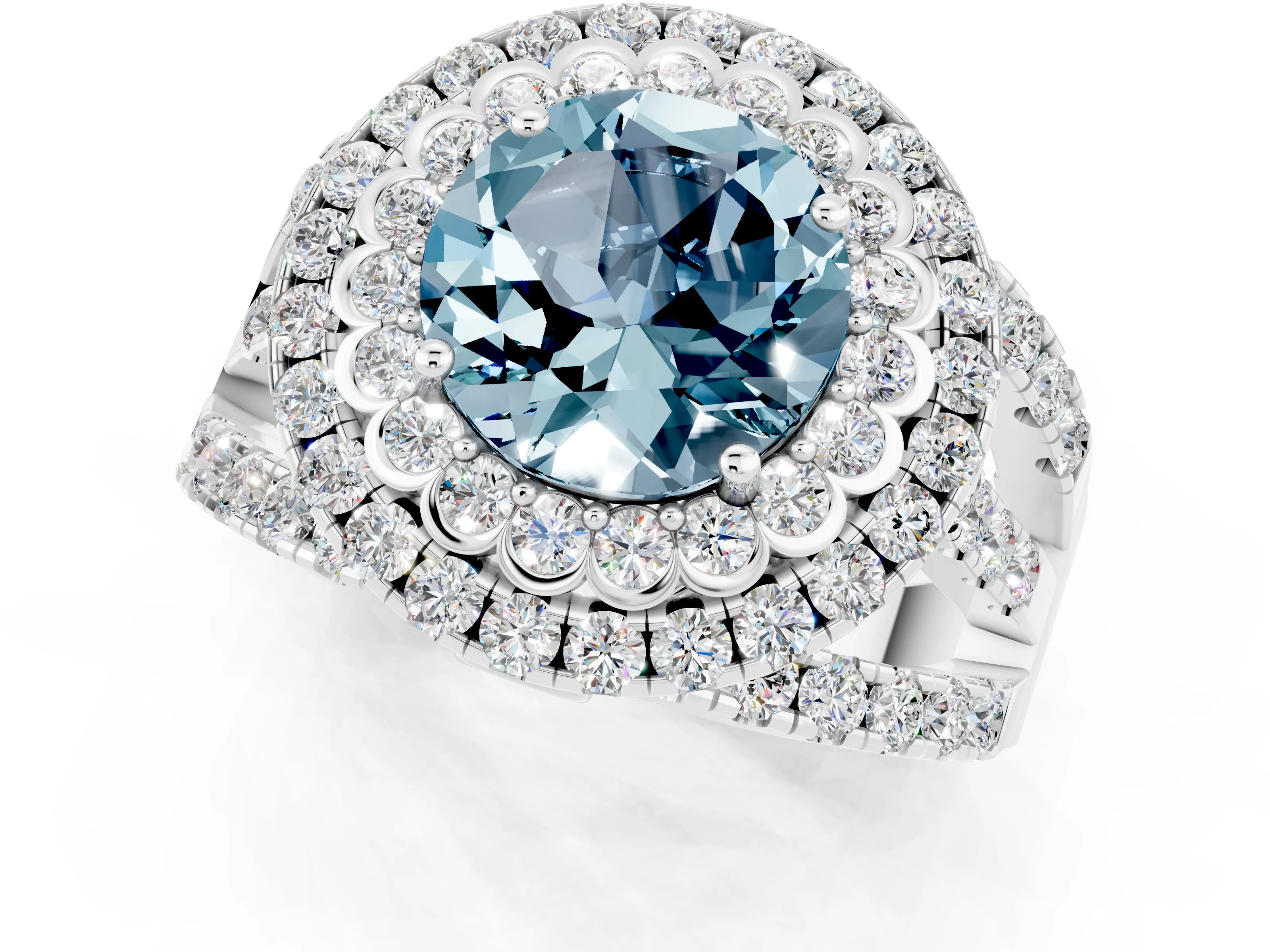 White gold Double Halo Round Cut Diamond Split Shank Pave Set Ring_1