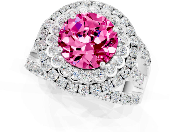 Platinum Double Halo Round Cut Diamond Split Shank Pave Set Ring