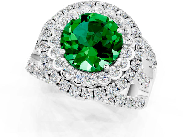 White gold Round Cut Emerald Double Halo Ring with Round Pavé Split Shank and Prong Setting