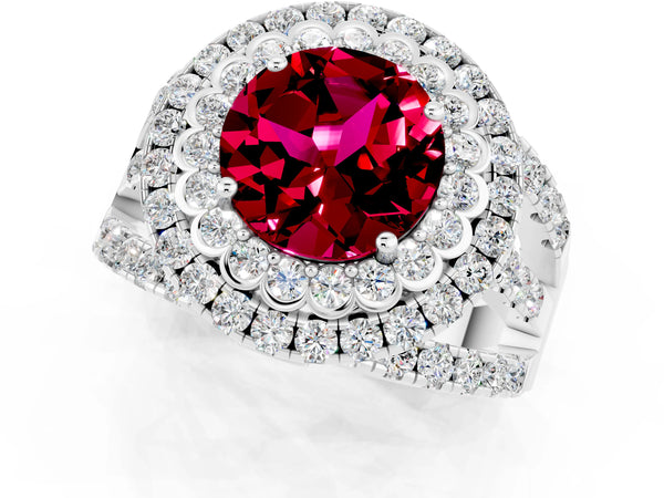 Silver Round Cut Garnet Double Halo Ring with Round Pavé Split Shank and Prong Setting