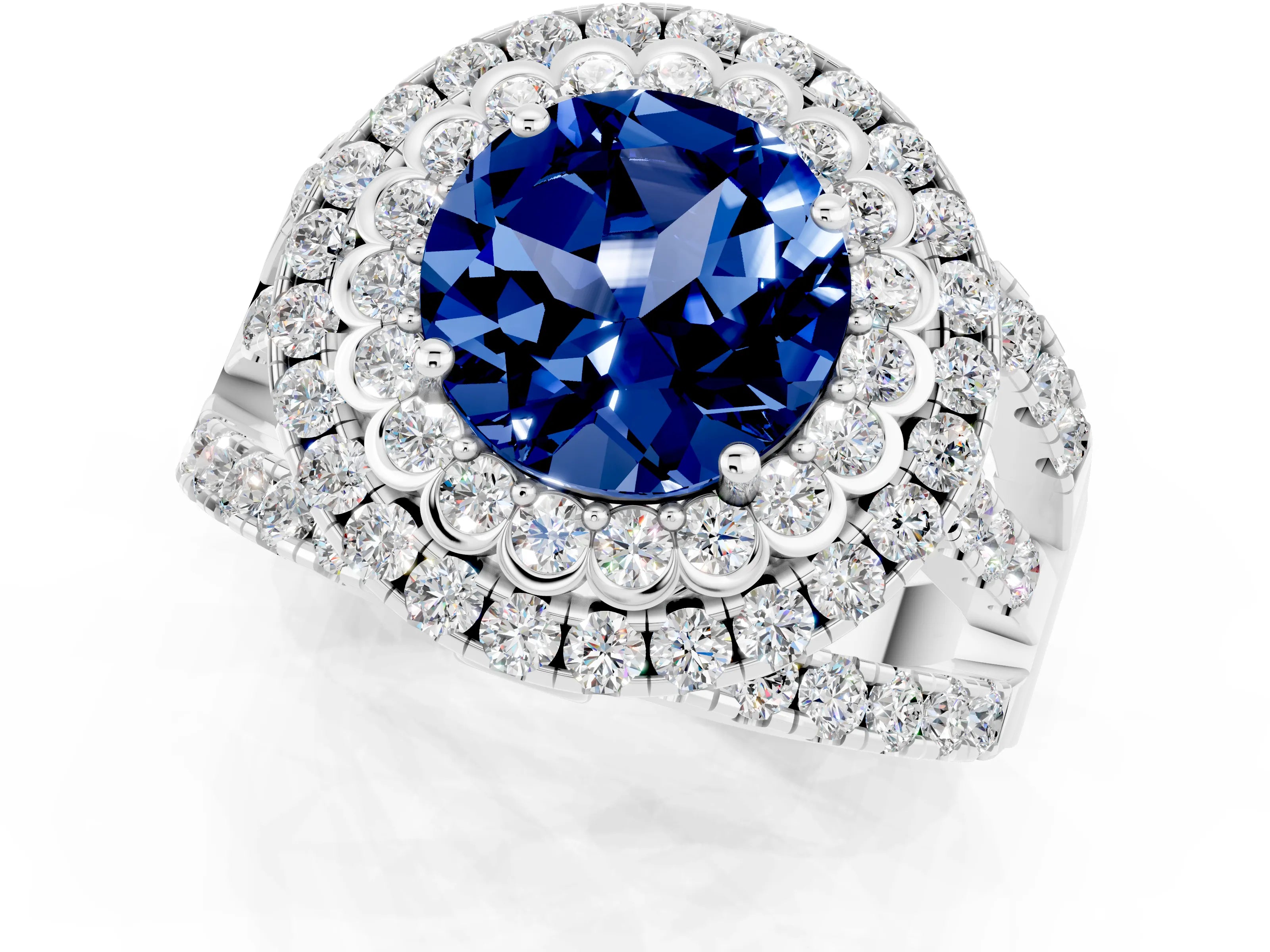 White gold Double Halo Round Cut Diamond Split Shank Pave Set Ring_1