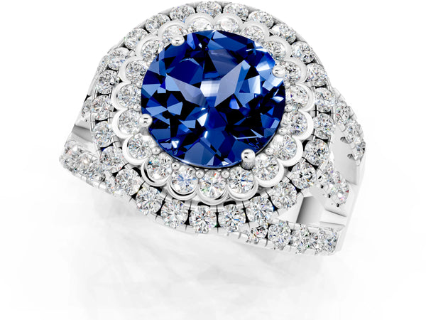 White Gold Round Lab-Grown Blue Sapphire Scalloped Double Halo Engagement Ring with Pave Split Shank