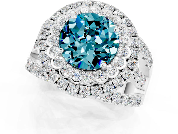 Silver Double Halo Round Cut Diamond Split Shank Pave Set Ring