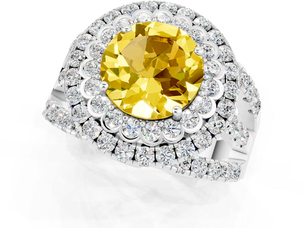 Platinum Round Cut Yellow Sapphire Double Halo Ring with Round Pavé Split Shank and Prong Setting