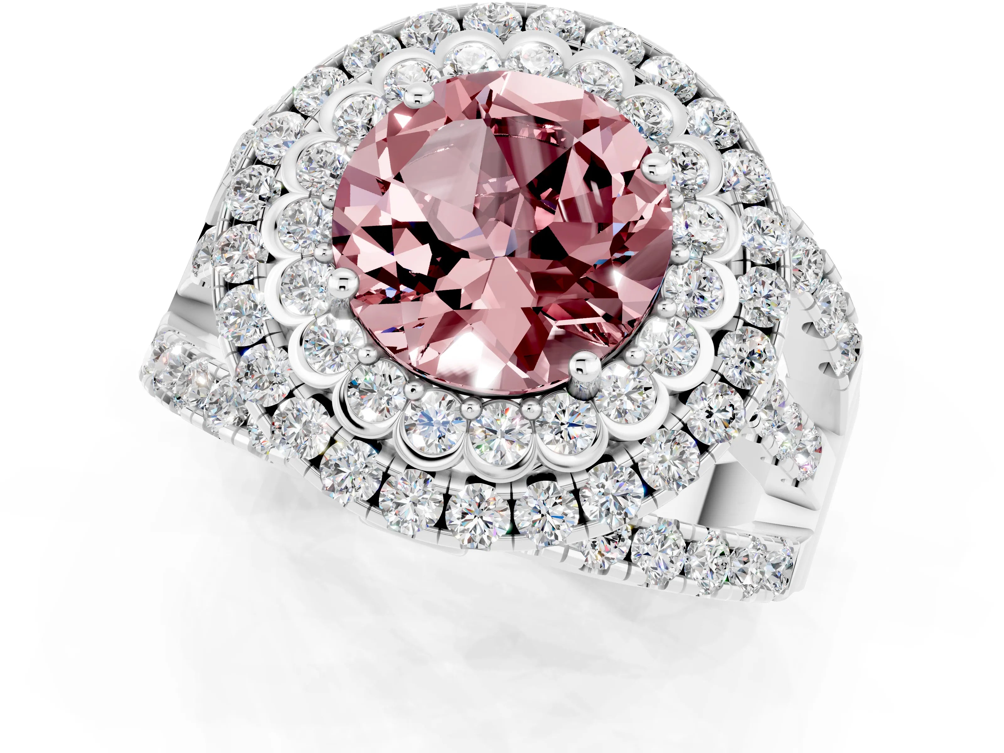 White gold Double Halo Round Cut Diamond Split Shank Pave Set Ring_1