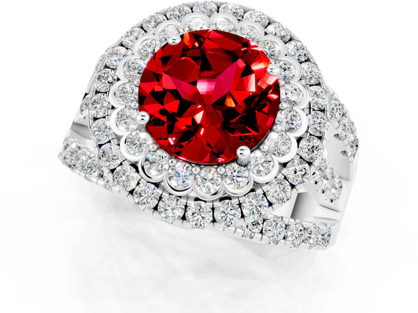 Platinum Double Halo Round Cut Diamond Split Shank Pave Set Ring
