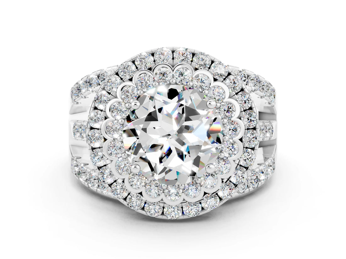White gold Double Halo Round Cut Diamond Split Shank Pave Set Ring