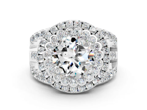 White gold Double Halo Round Cut Diamond Split Shank Pave Set Ring