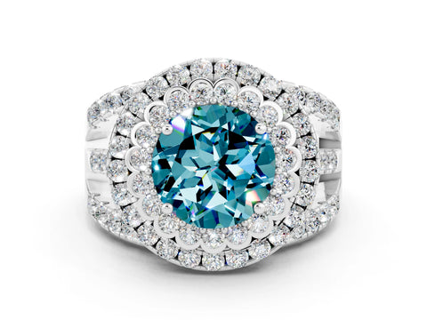 White gold Double Halo Round Cut Diamond Split Shank Pave Set Ring