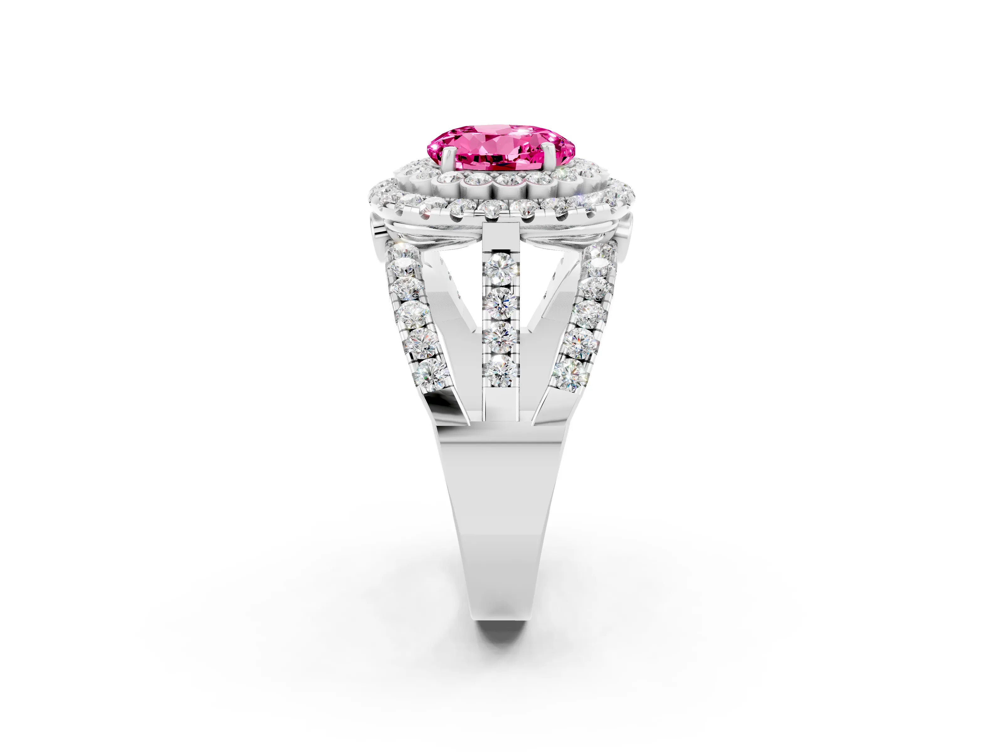 White gold Double Halo Round Cut Diamond Split Shank Pave Set Ring_2