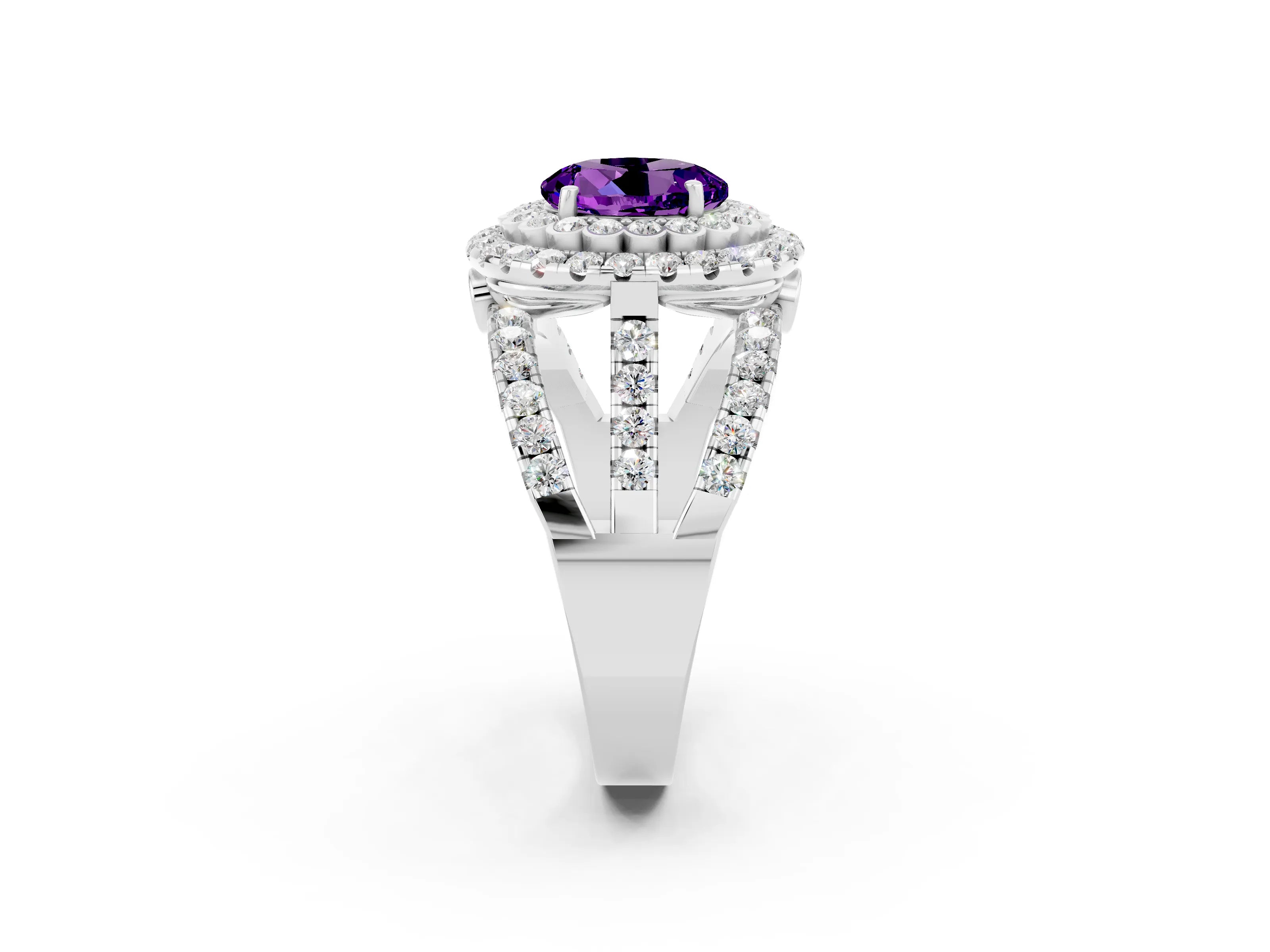 White gold Double Halo Round Cut Diamond Split Shank Pave Set Ring_2