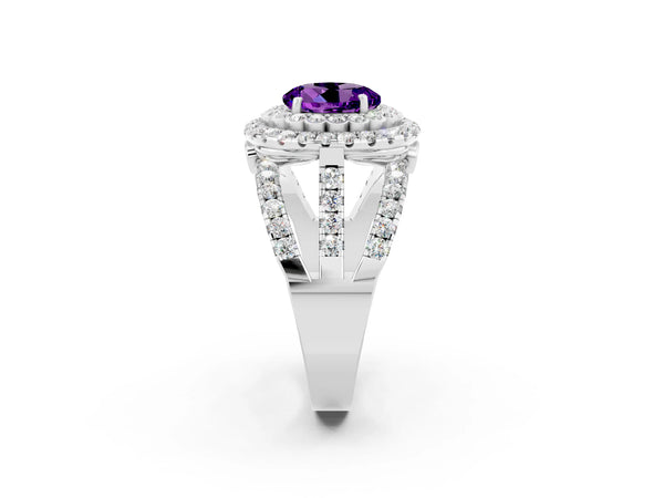 White gold Round Cut Amethyst Double Halo Ring with Round Pavé Split Shank and Prong Setting