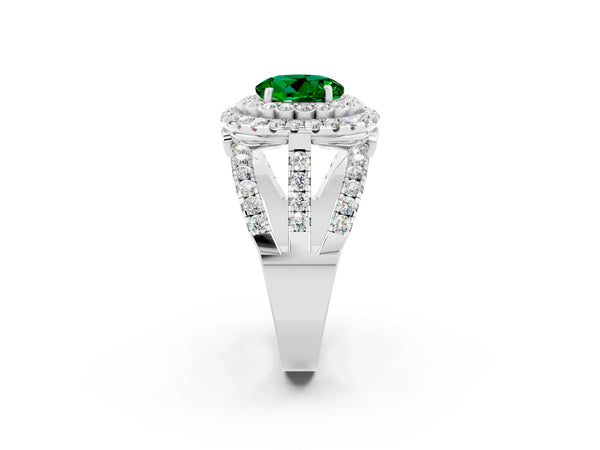 White gold Round Cut Emerald Double Halo Ring with Round Pavé Split Shank and Prong Setting