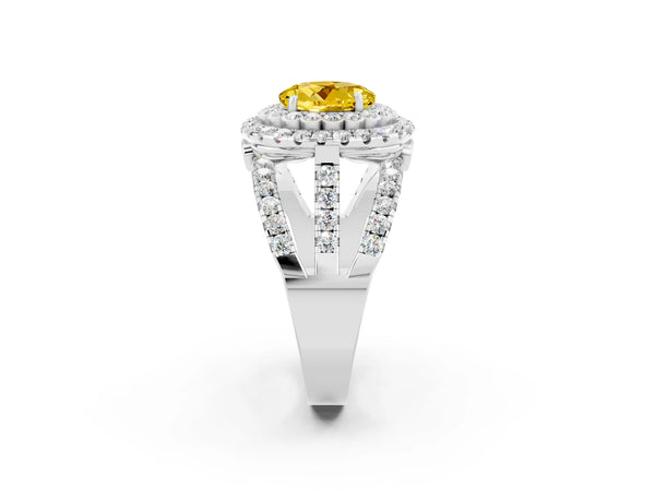 Platinum Round Cut Yellow Sapphire Double Halo Ring with Round Pavé Split Shank and Prong Setting