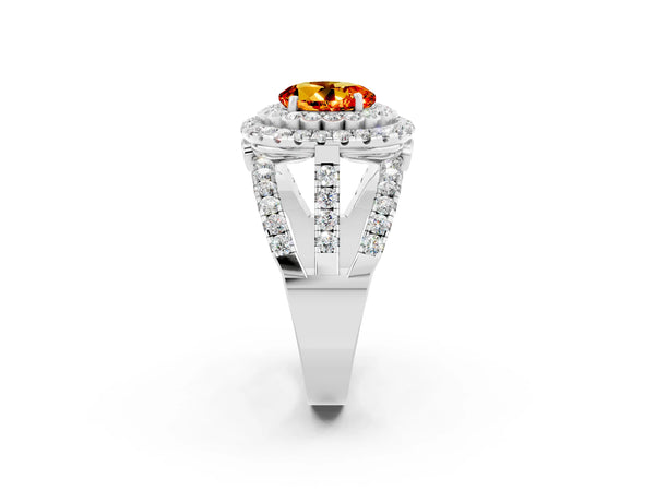 Silver Round Cut Citrine Double Halo Ring with Round Pavé Split Shank and Prong Setting