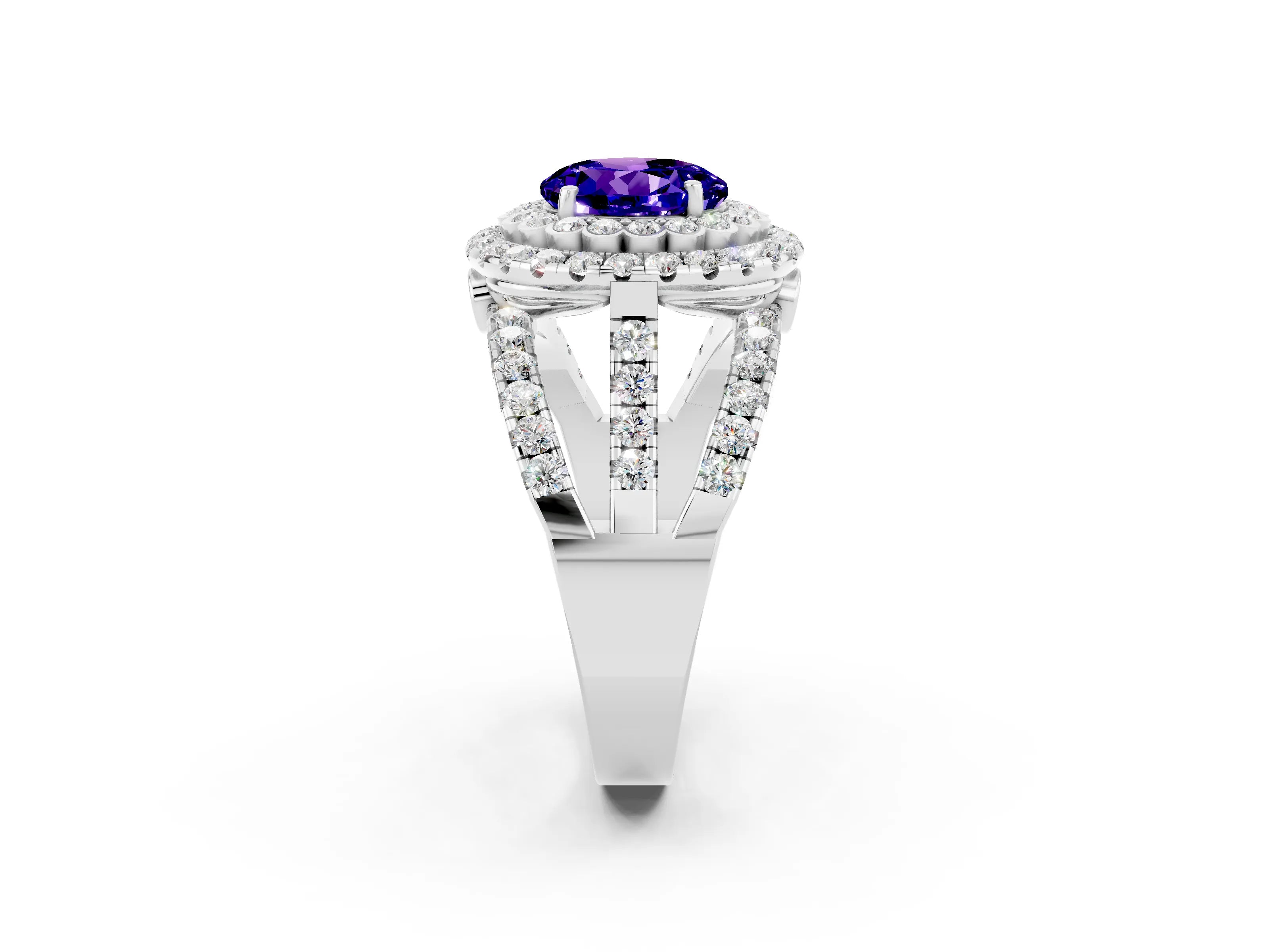 White gold Double Halo Round Cut Diamond Split Shank Pave Set Ring_2