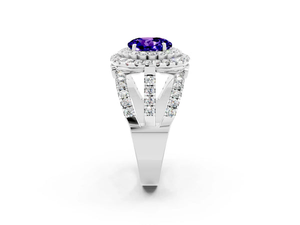 Platinum Round Cut Tanzanite Double Halo Ring with Round Pavé Split Shank and Prong Setting