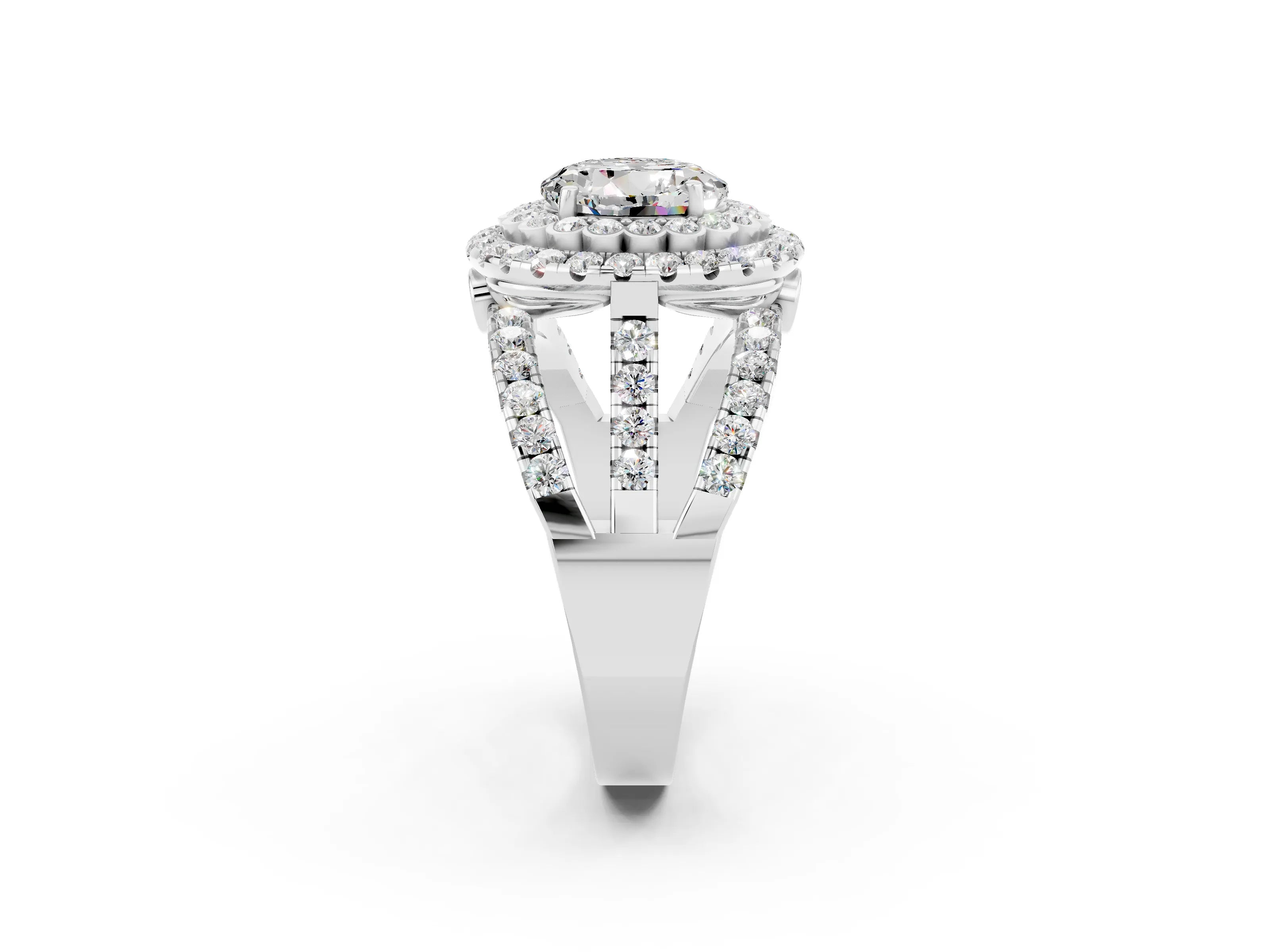 White gold Double Halo Round Cut Diamond Split Shank Pave Set Ring_2
