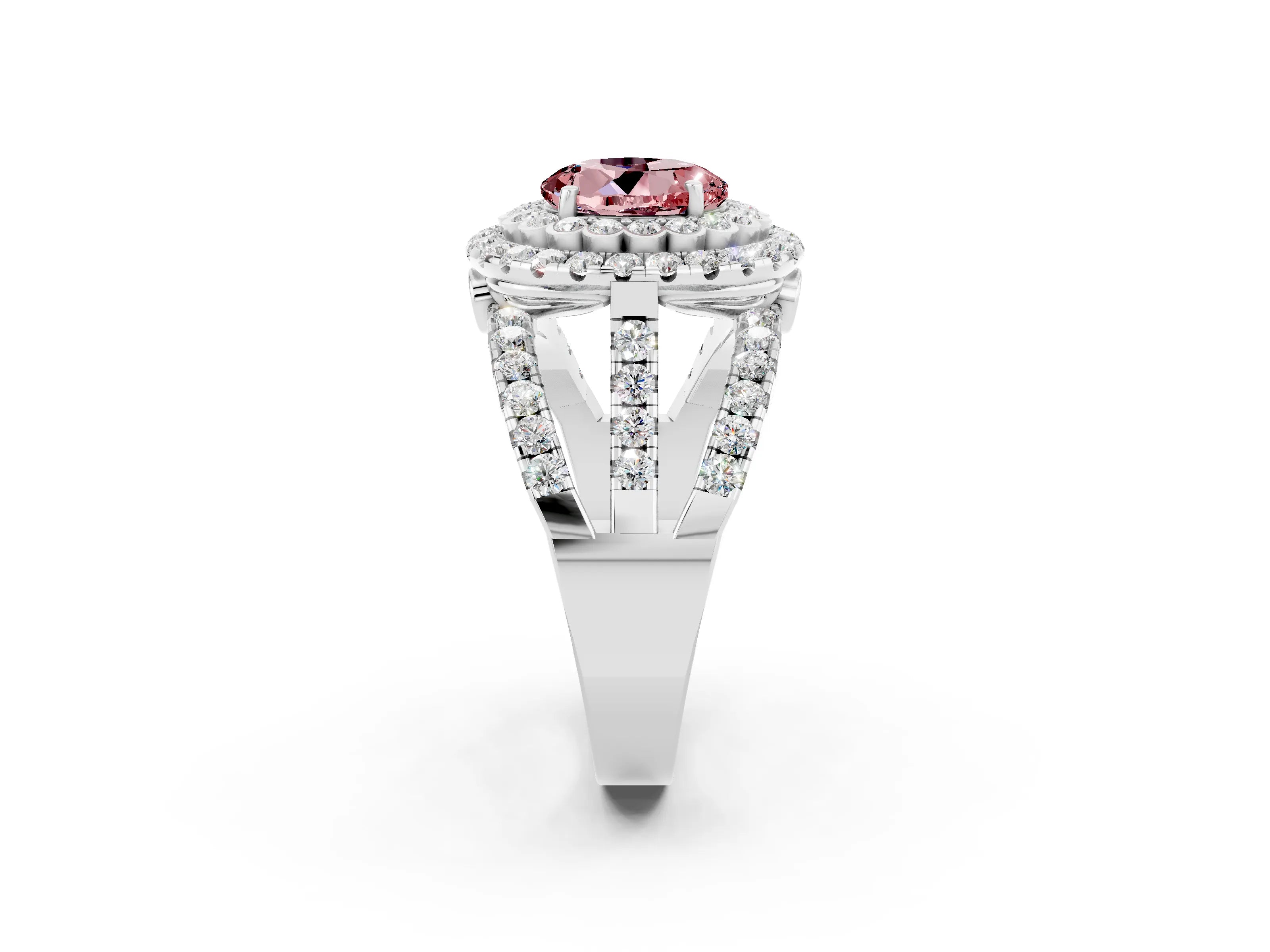 White gold Double Halo Round Cut Diamond Split Shank Pave Set Ring_2