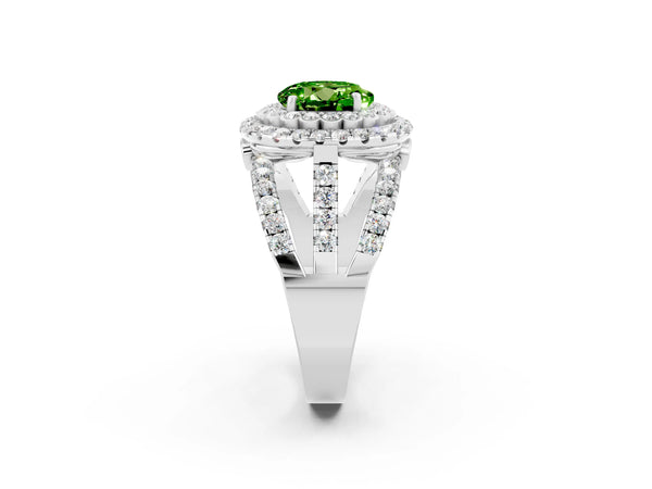 Platinum Double Halo Round Cut Diamond Split Shank Pave Set Ring