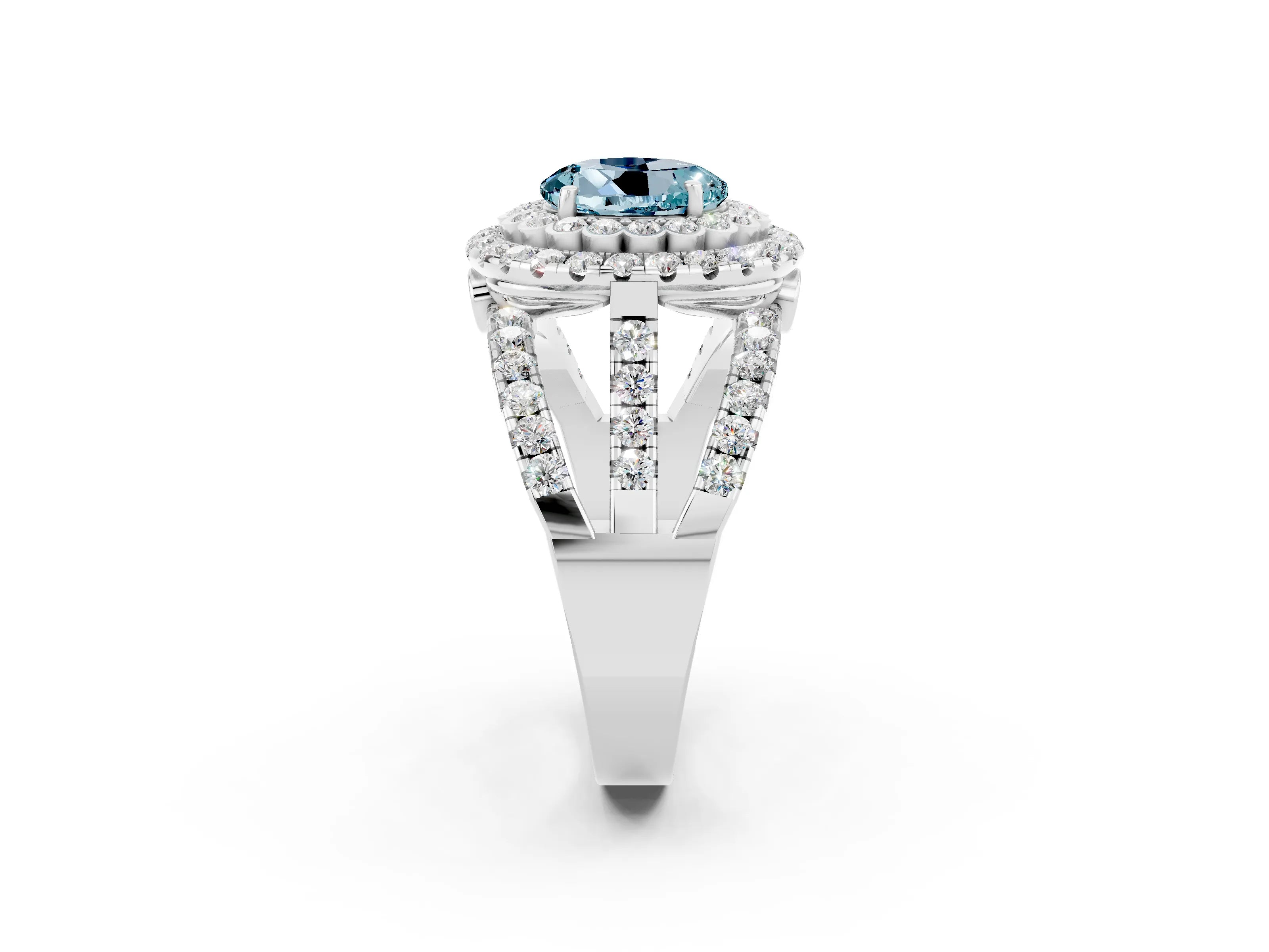 White gold Double Halo Round Cut Diamond Split Shank Pave Set Ring_2