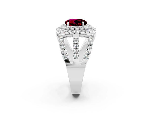 Platinum Round Cut Garnet Double Halo Ring with Round Pavé Split Shank and Prong Setting
