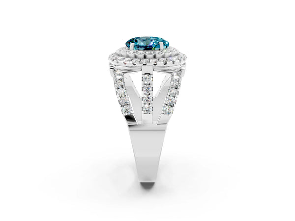 Platinum Double Halo Round Cut Diamond Split Shank Pave Set Ring