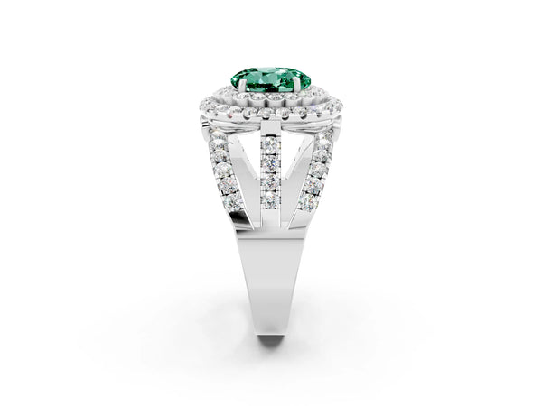 Platinum Round Cut Green Sapphire Double Halo Ring with Round Pavé Split Shank and Prong Setting