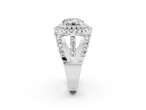 Silver Round Cut Moissanite Double Halo Ring with Round Pavé Split Shank and Prong Setting