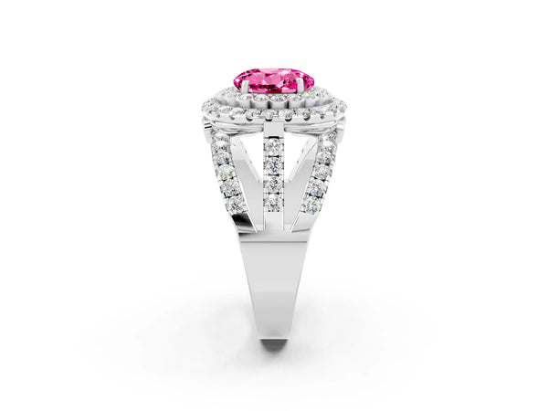 Platinum Double Halo Round Cut Diamond Split Shank Pave Set Ring
