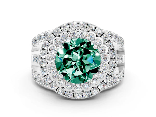 Platinum Round Cut Green Sapphire Double Halo Ring with Round Pavé Split Shank and Prong Setting