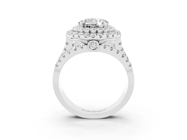 Platinum Round Cut Moissanite Double Halo Ring with Round Pavé Split Shank and Prong Setting