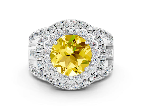 Platinum Round Cut Yellow Sapphire Double Halo Ring with Round Pavé Split Shank and Prong Setting