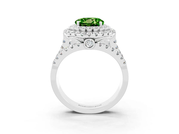 White gold Double Halo Round Cut Diamond Split Shank Pave Set Ring