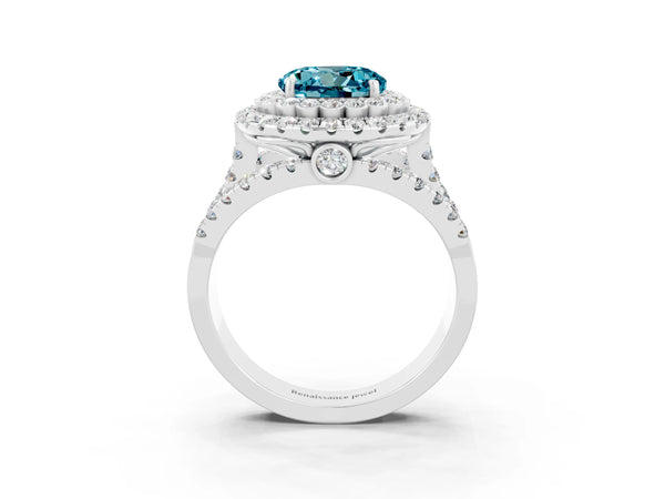 White gold Double Halo Round Cut Diamond Split Shank Pave Set Ring