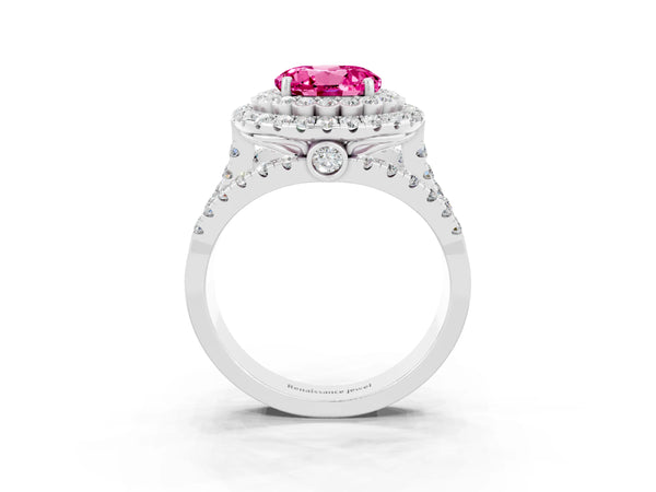 Platinum Double Halo Round Cut Diamond Split Shank Pave Set Ring