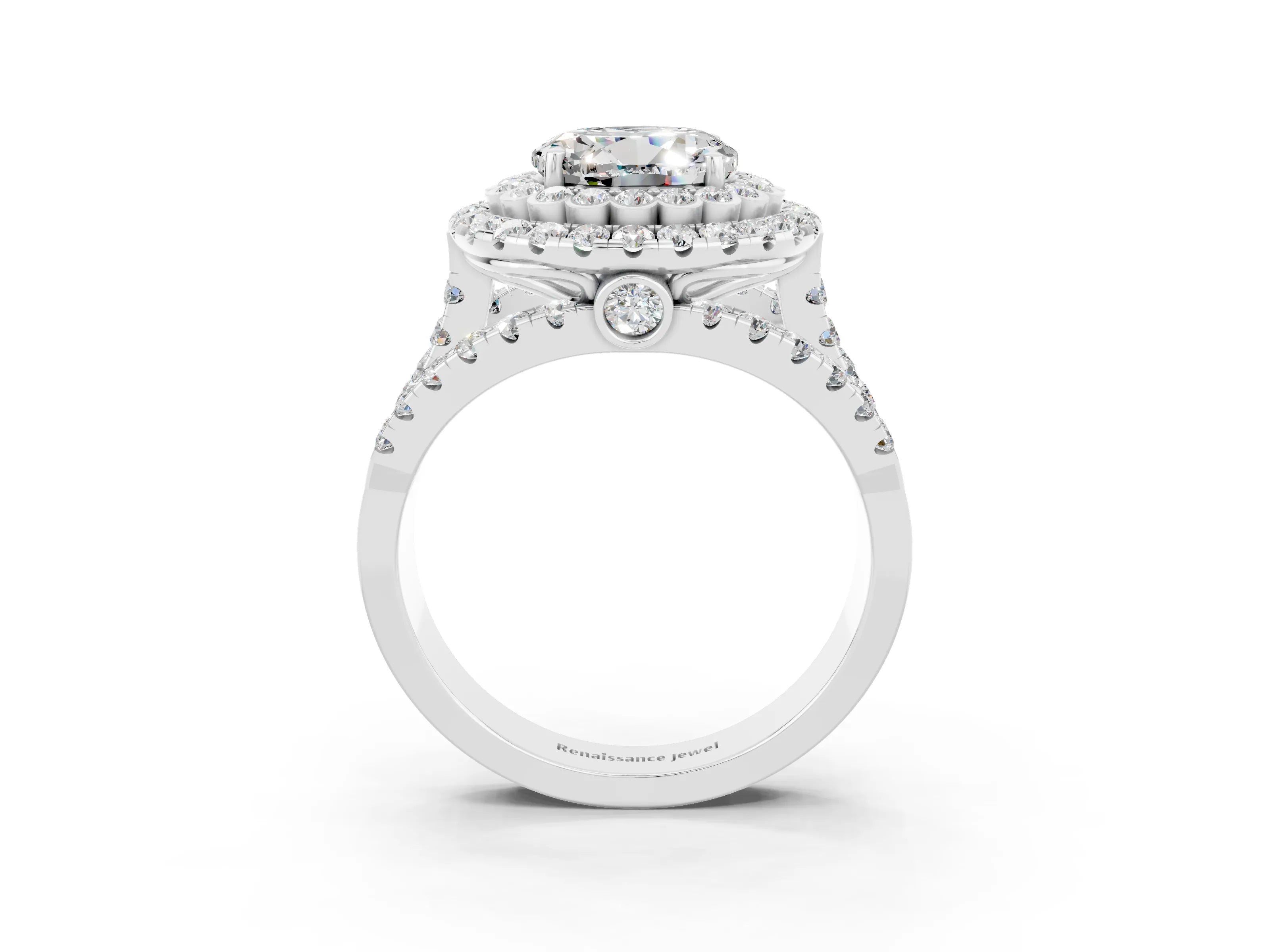 White gold Double Halo Round Cut Diamond Split Shank Pave Set Ring_3