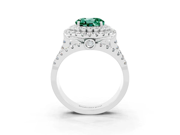Platinum Round Cut Green Sapphire Double Halo Ring with Round Pavé Split Shank and Prong Setting