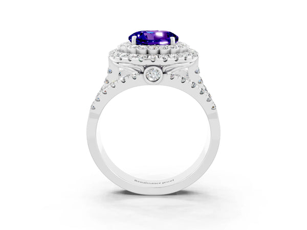 Silver Round Cut Tanzanite Double Halo Ring with Round Pavé Split Shank and Prong Setting