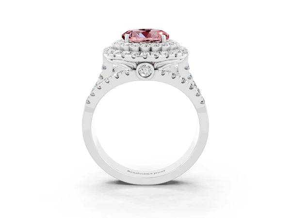 Silver Double Halo Round Cut Diamond Split Shank Pave Set Ring