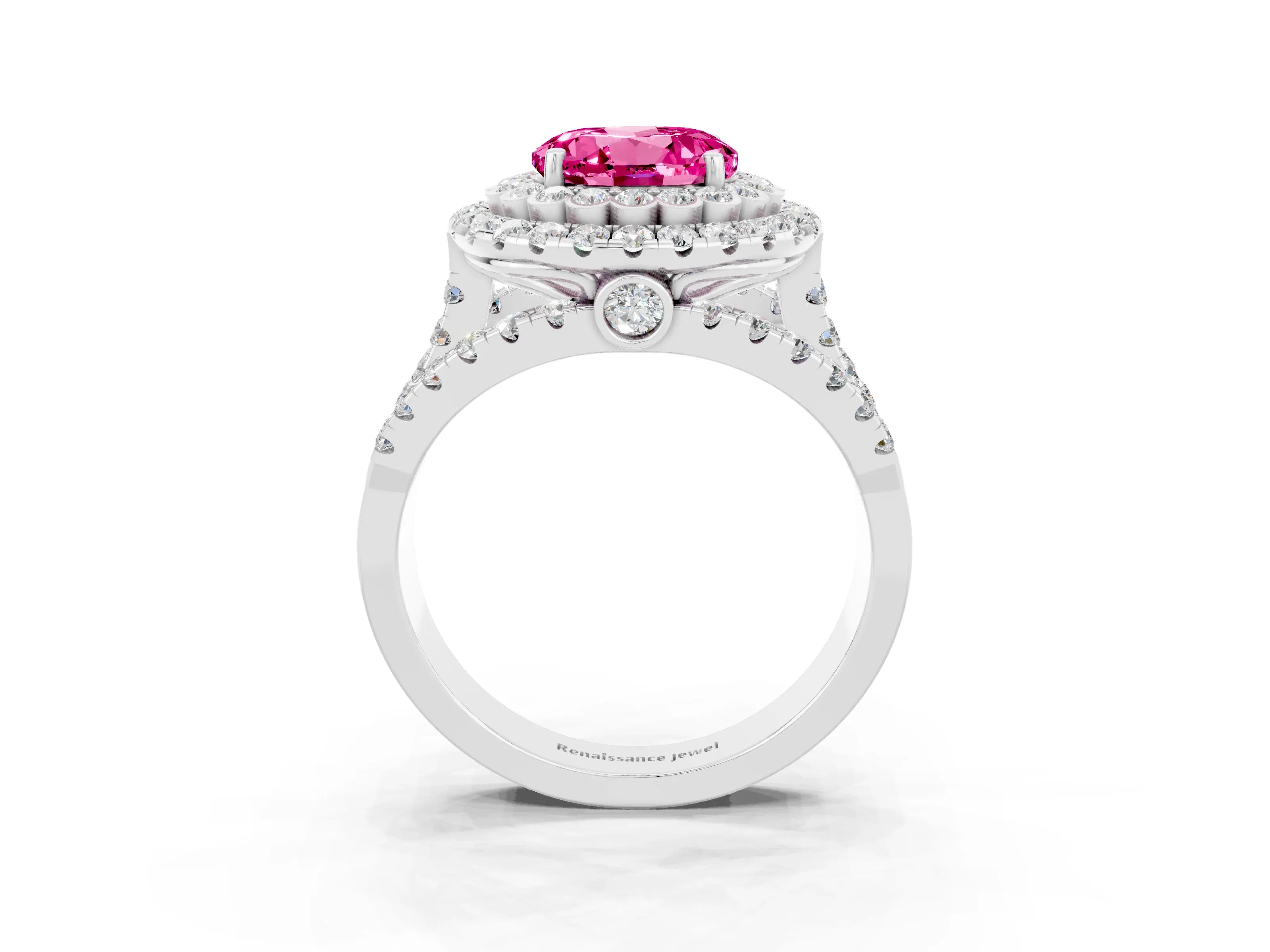 White gold Double Halo Round Cut Diamond Split Shank Pave Set Ring_3