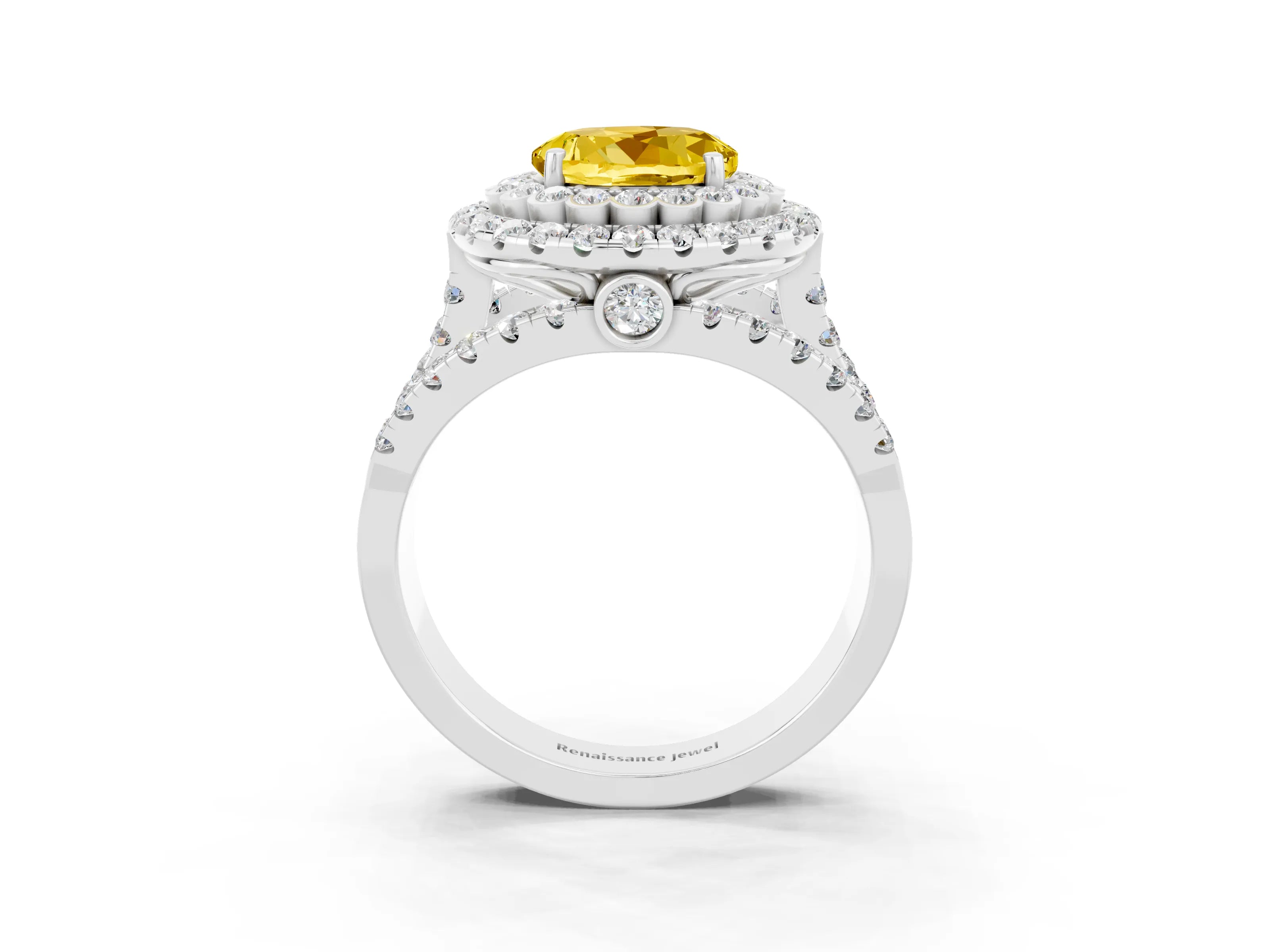 White gold Double Halo Round Cut Diamond Split Shank Pave Set Ring_3