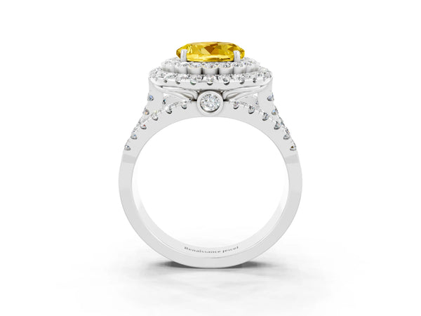 Platinum Round Cut Yellow Sapphire Double Halo Ring with Round Pavé Split Shank and Prong Setting