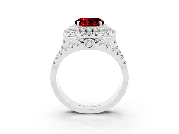 White gold Double Halo Round Cut Diamond Split Shank Pave Set Ring