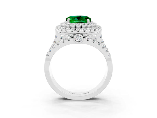 White gold Round Cut Emerald Double Halo Ring with Round Pavé Split Shank and Prong Setting